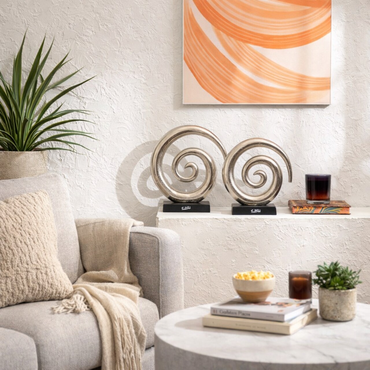 Aluminum Swirl Abstract Sculptures with Black Base – Modern Decor, Set of 2